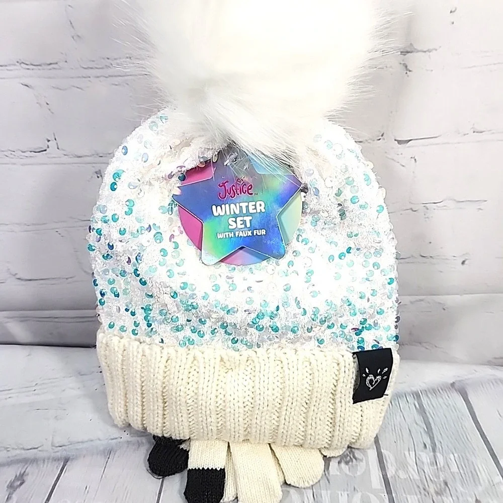 Justice Girls White/CRM Sequin Ribbed Beanie w/faux fur & Gloves 2-Piece Set NWT